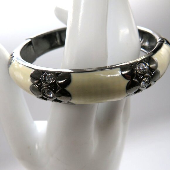 Enamel Bracelet Cream Gun Metal Gray Hinged Bangle Clear Rhinestone Accents - Picture 4 of 12